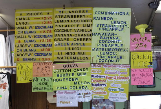 Menu of all of the flavors of shave ice at Matsumoto
