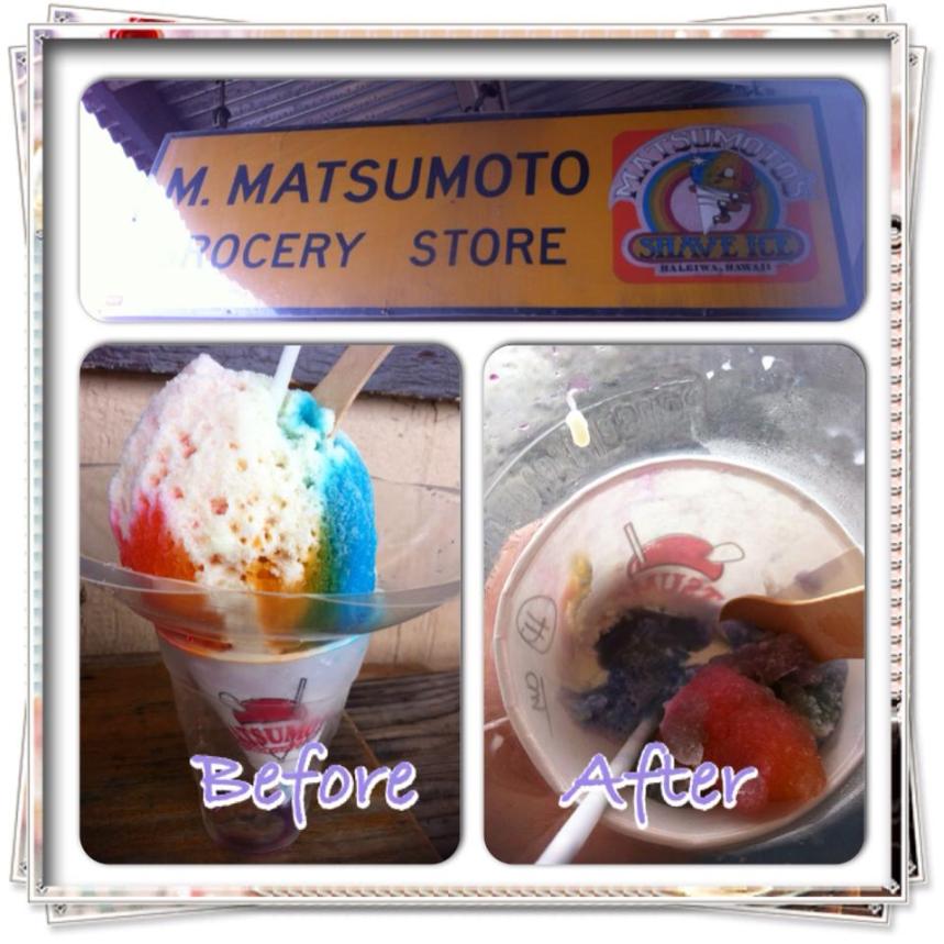 Side by side image of what the shave ice looked like before eating and after eating.