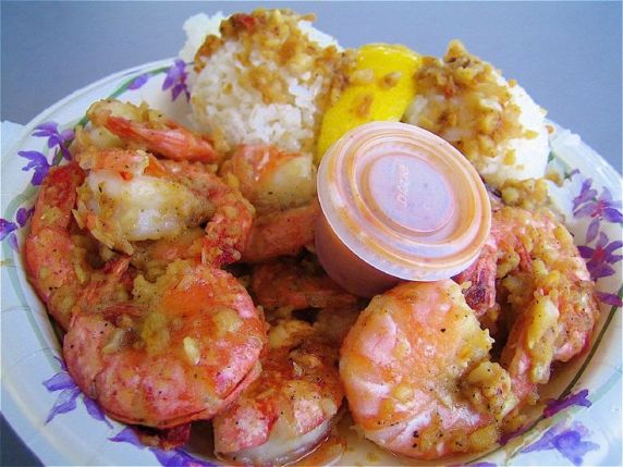 Shrimp Scampi plate lunch with 1 dozen jumbo shrimp marinated in olive oil, lemon, butter and lots of garlic with 2 scoops of rice
